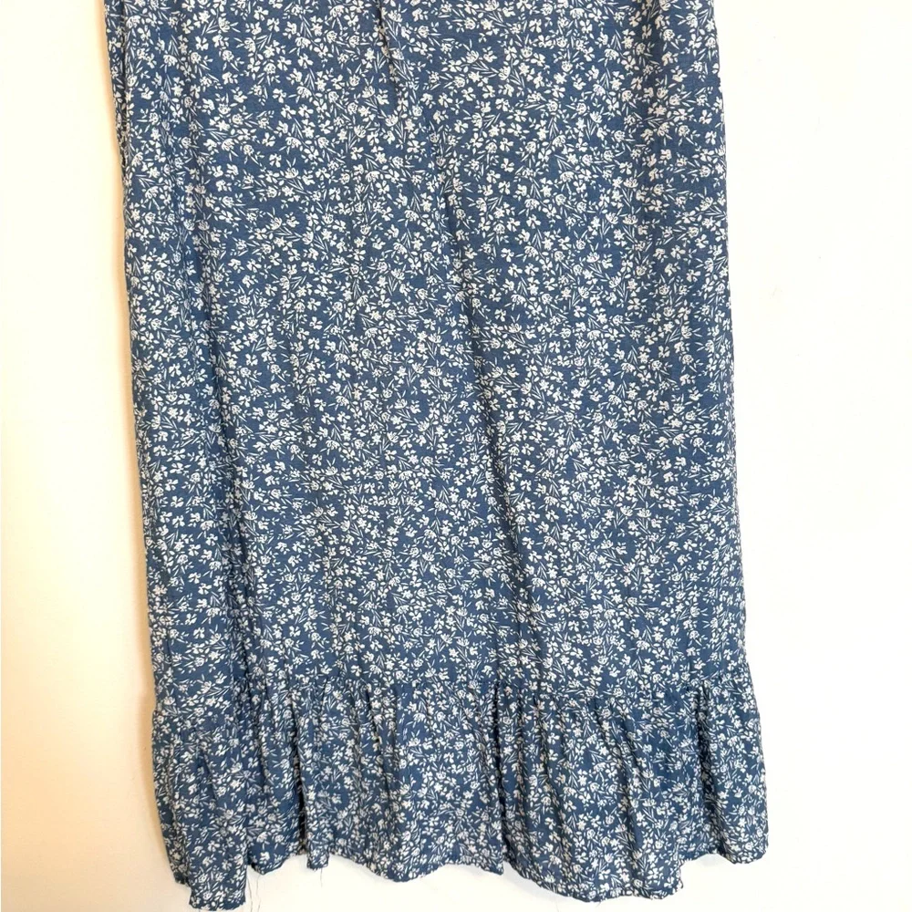 THML Blue Floral Boho Dress Small Embroidered V Neck Flutter Sleeve Ruffle Hem - Picture 4 of 7